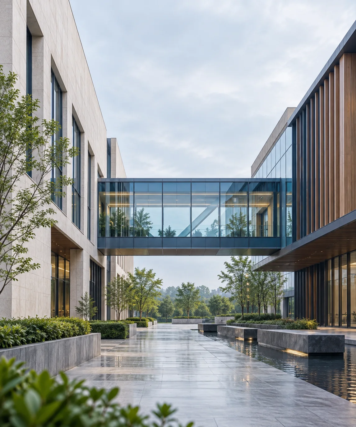 两翼不同材质的建筑通过通透廊桥相连，体量真实克制，以空间关系表达调整与协同