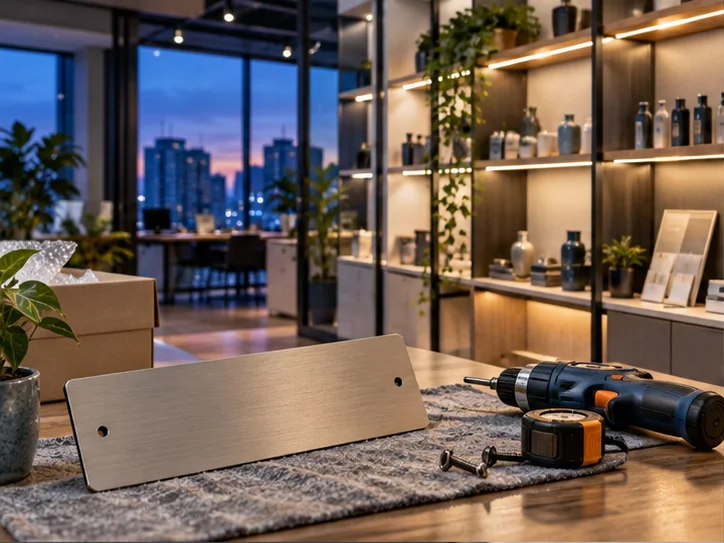 新工作室的样品展示墙刚布置好,未安装的空白门牌与工具放在前景,表达搬迁更新