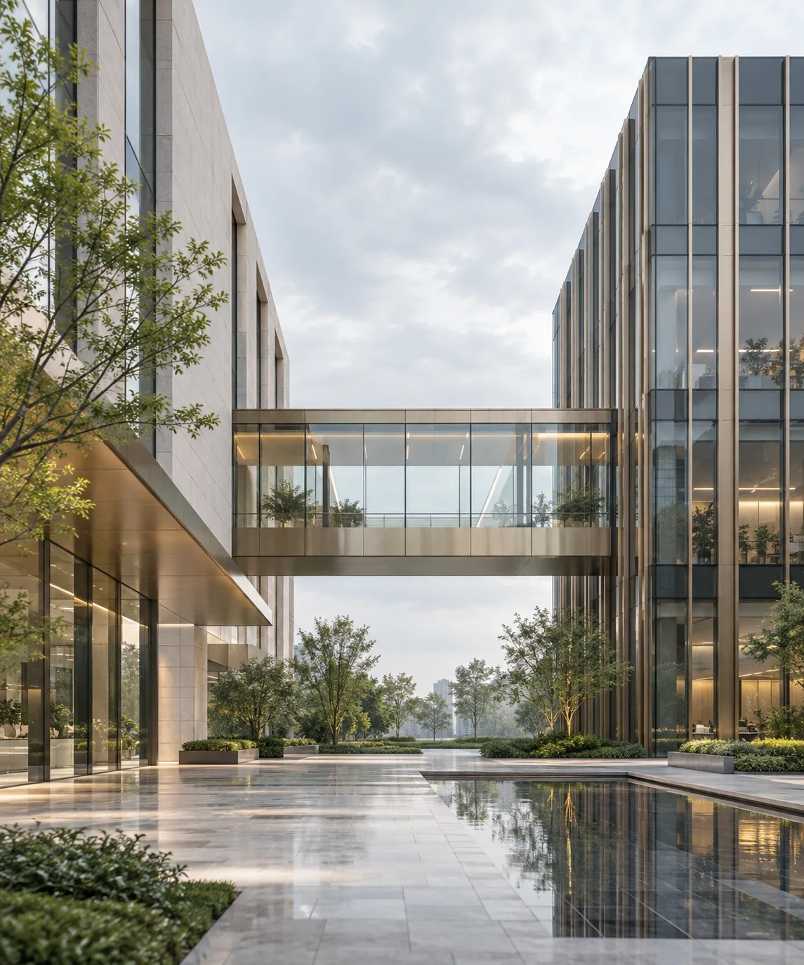 两翼不同材质的建筑通过通透廊桥相连,体量真实克制,以空间关系表达调整与协同