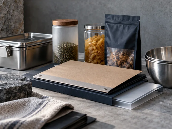一组食品器物、设备材料与资料封套组成精细静物装置，禁止证书印章和获批勾号