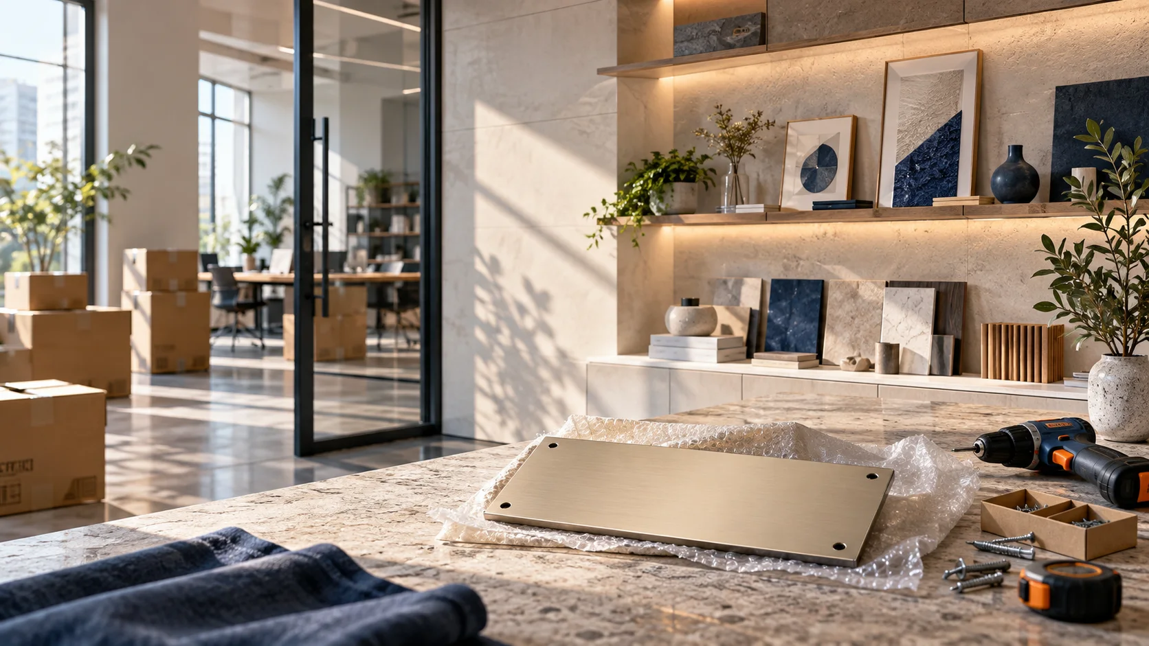 新工作室的样品展示墙刚布置好，未安装的空白门牌与工具放在前景，表达搬迁更新