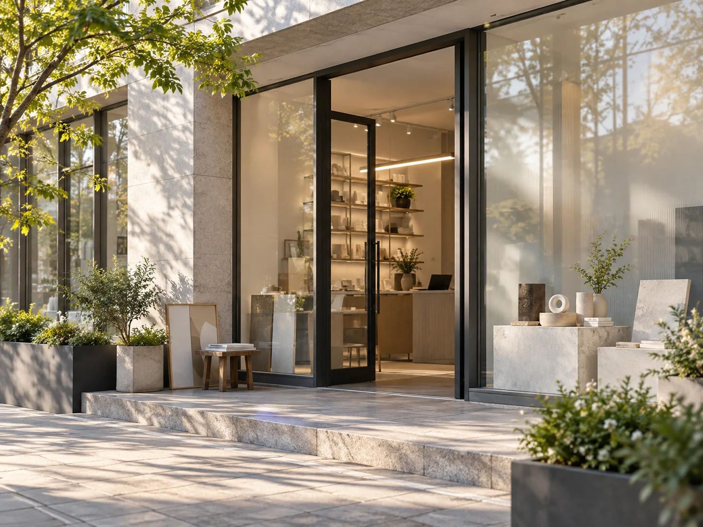有石材门庭与磨砂玻璃的沿街商业空间，前景可见待布置的展示样品