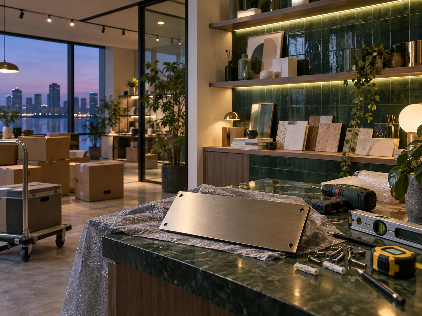 新工作室的样品展示墙刚布置好，未安装的空白门牌与工具放在前景，表达搬迁更新