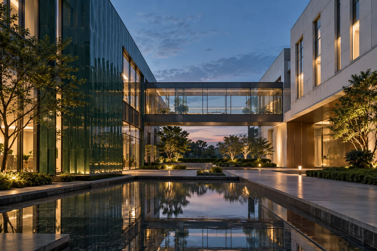 两翼不同材质的建筑通过通透廊桥相连，体量真实克制，以空间关系表达调整与协同