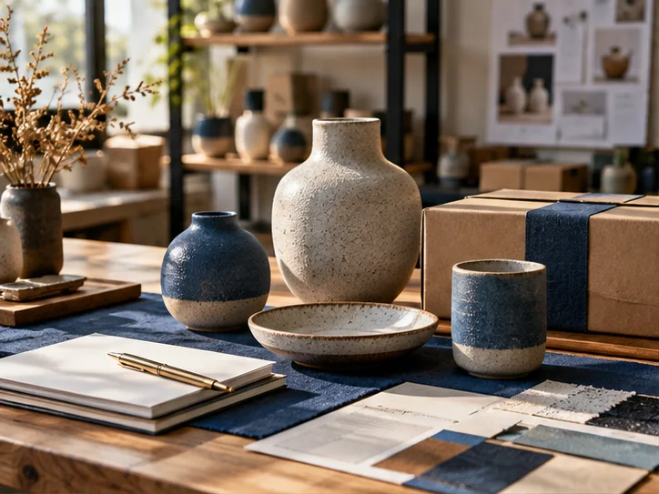 产品设计工作室的陶瓷和包装样品,旁边只有少量业务记录,账务支持产品经营的关系明确