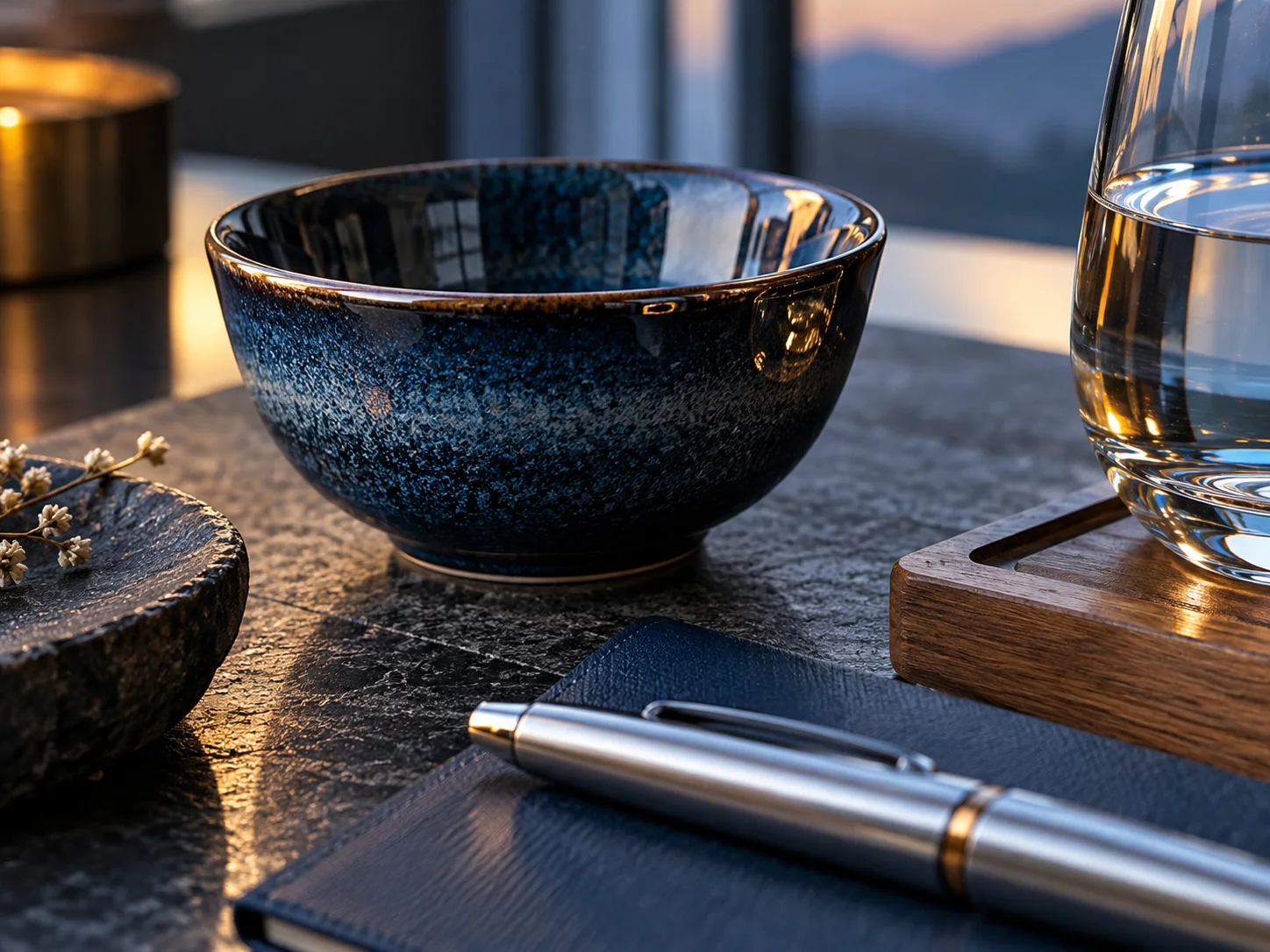 经营器皿的釉面、不锈钢细纹和玻璃接触处，体现经营准备中的认真