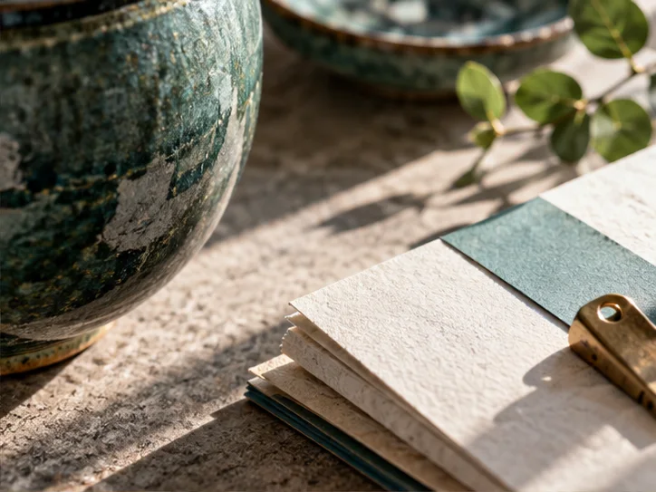 产品样品的纹理与对应记录卡的纸张纤维同时入焦，表现账务贴近真实业务