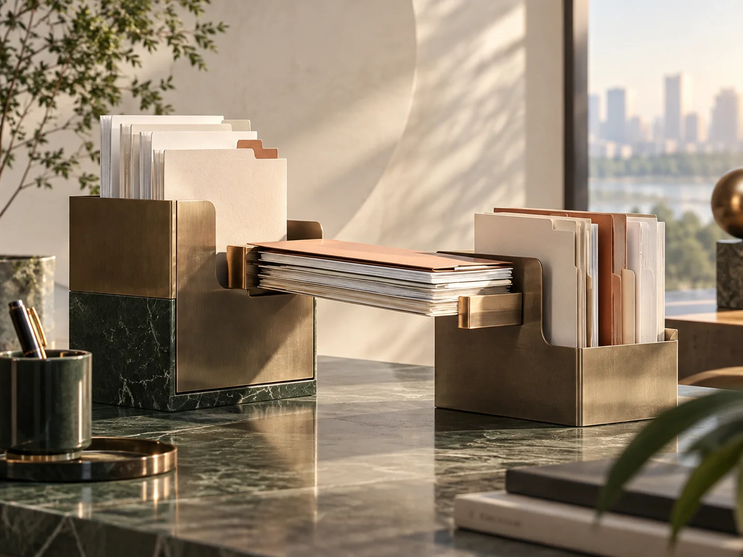 纸质档案与拉丝金属架构的两个部分重新嵌合,留白、阴影和材质成为画面主角
