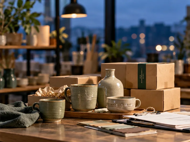 产品设计工作室的陶瓷和包装样品,旁边只有少量业务记录,账务支持产品经营的关系明确