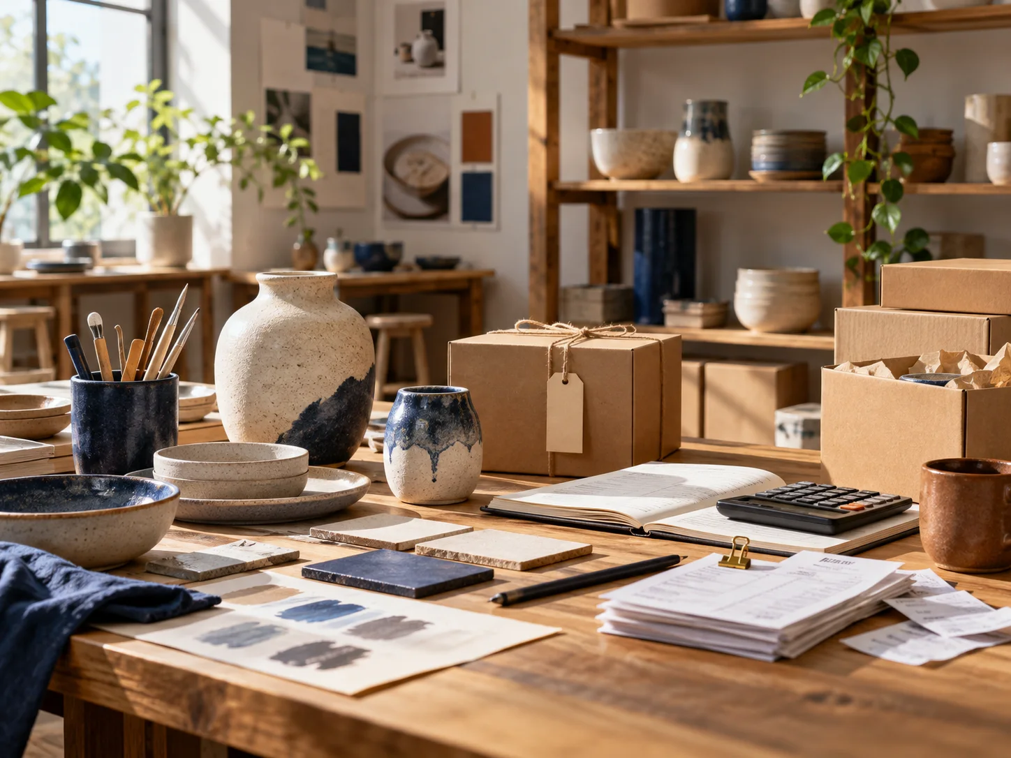 产品设计工作室的陶瓷和包装样品,旁边只有少量业务记录,账务支持产品经营的关系明确