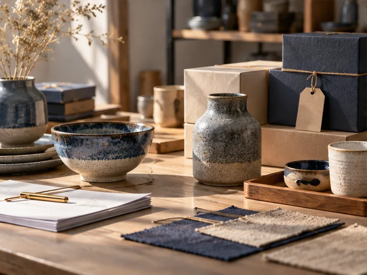 产品设计工作室的陶瓷和包装样品,旁边只有少量业务记录,账务支持产品经营的关系明确