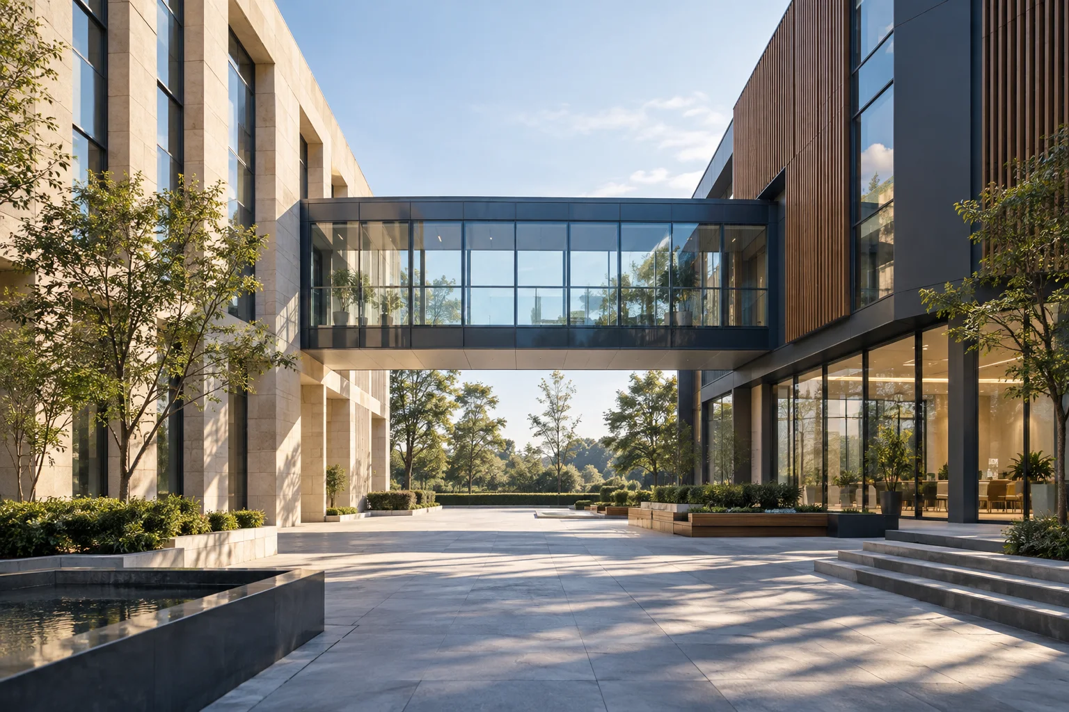 两翼不同材质的建筑通过通透廊桥相连，体量真实克制，以空间关系表达调整与协同