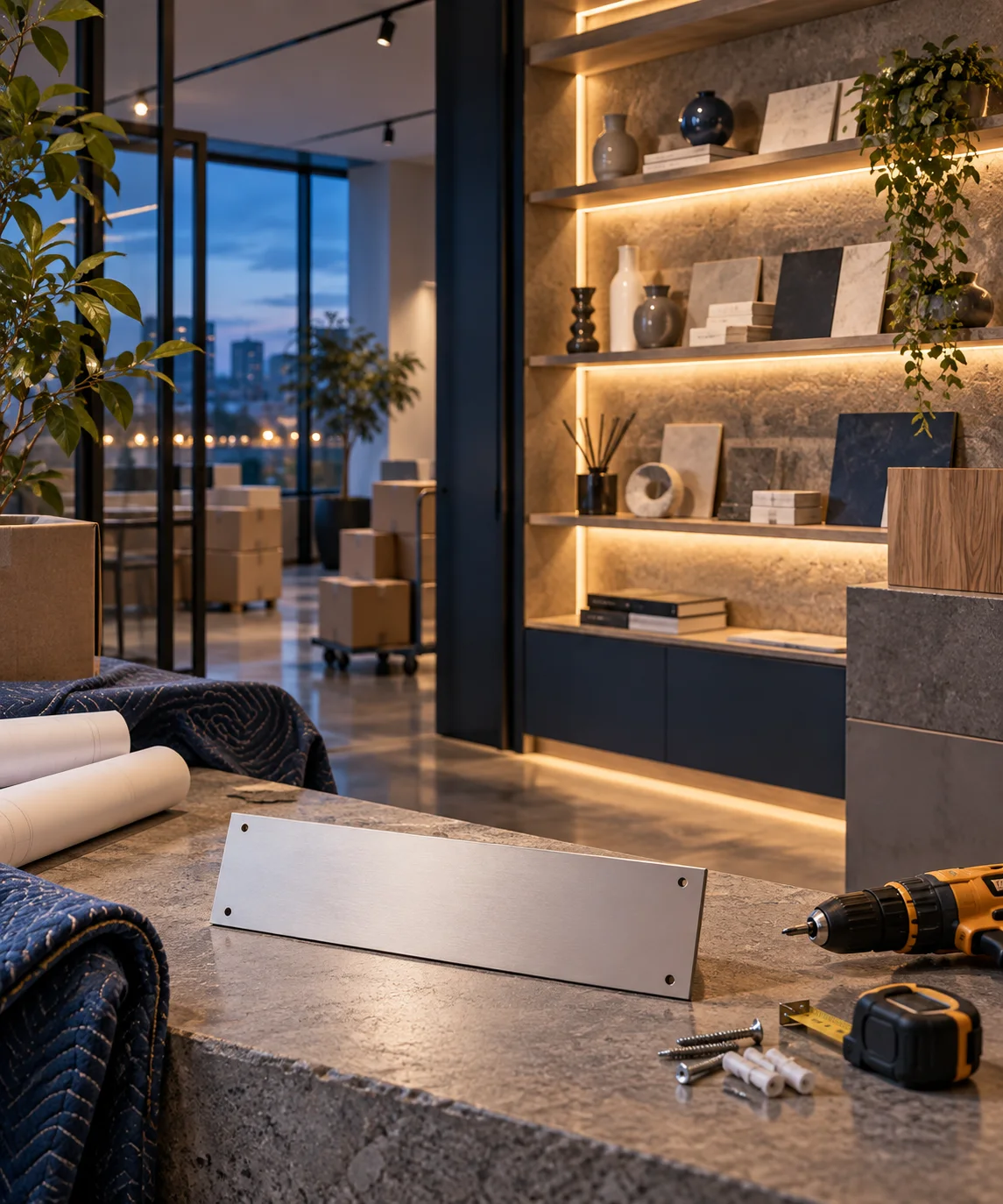 新工作室的样品展示墙刚布置好，未安装的空白门牌与工具放在前景，表达搬迁更新