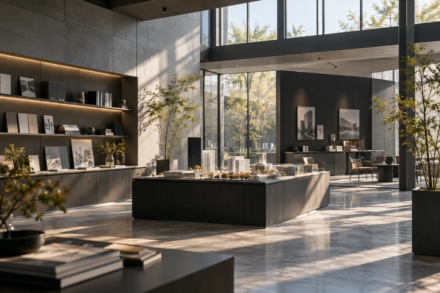 现代小型展厅，分区清楚、产品陈列克制，日光由高窗进入，表现开展业务前的秩序