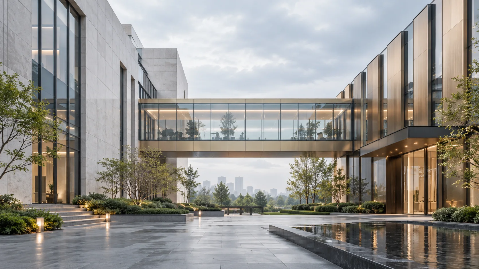 两翼不同材质的建筑通过通透廊桥相连,体量真实克制,以空间关系表达调整与协同