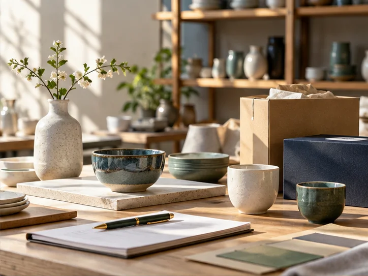 产品设计工作室的陶瓷和包装样品,旁边只有少量业务记录,账务支持产品经营的关系明确