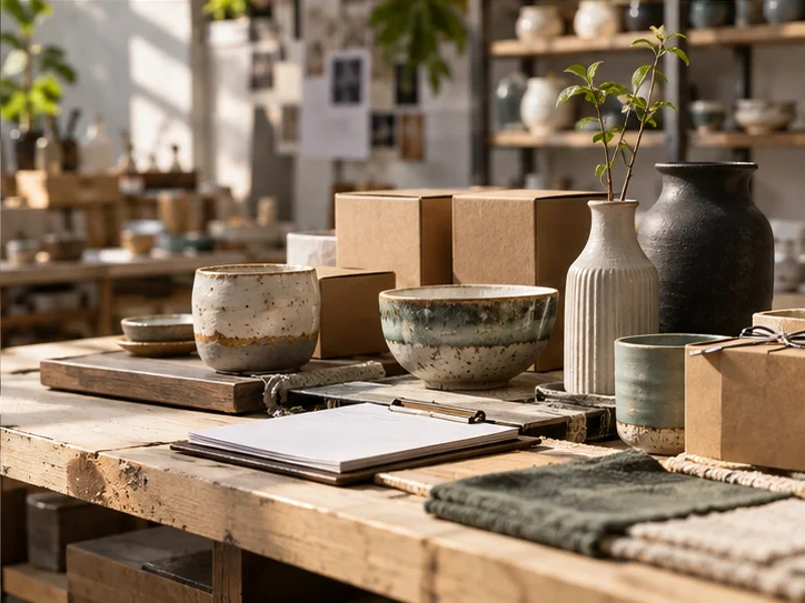 产品设计工作室的陶瓷和包装样品,旁边只有少量业务记录,账务支持产品经营的关系明确