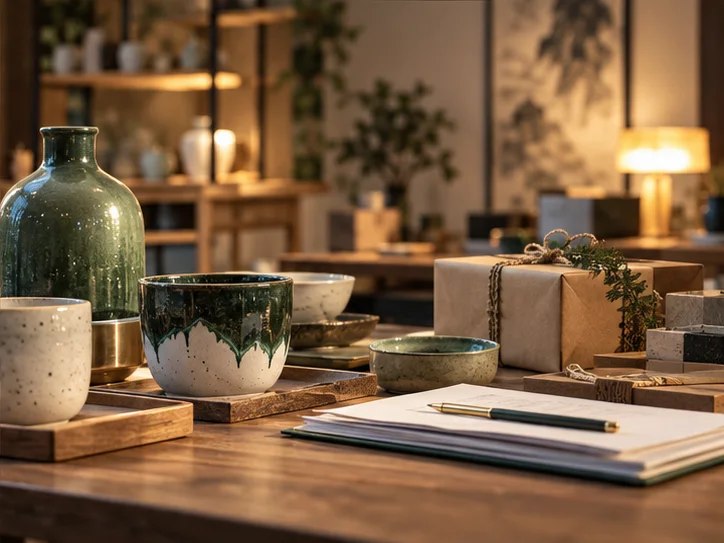 产品设计工作室的陶瓷和包装样品，旁边只有少量业务记录，账务支持产品经营的关系明确