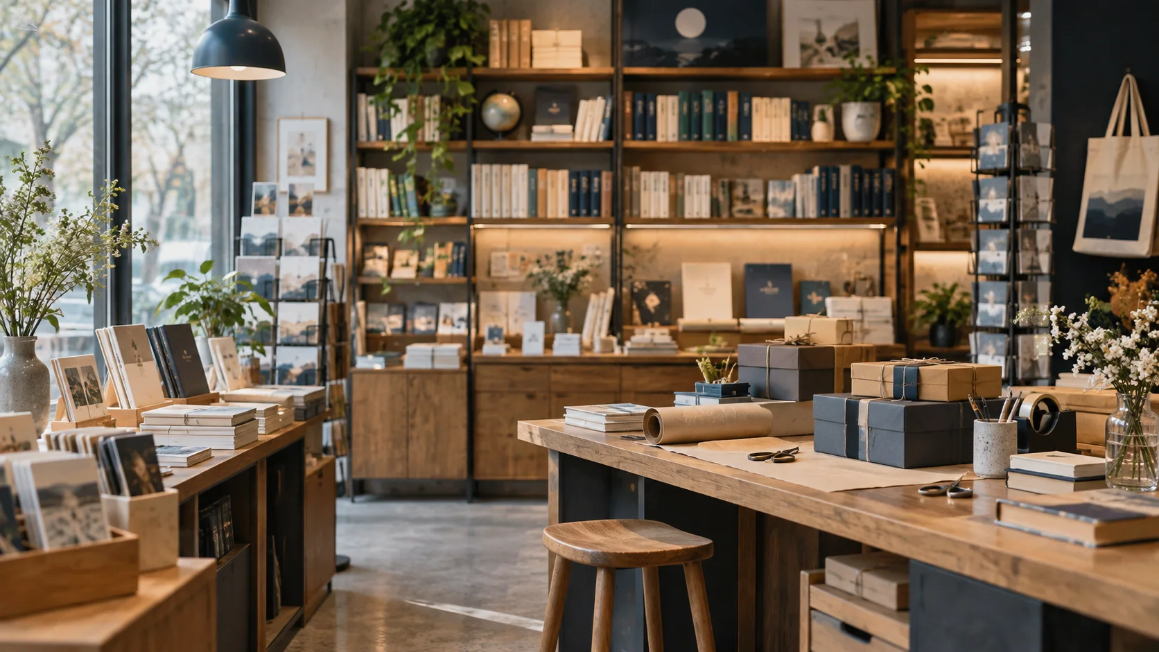 小型图书与文创门店的货架和包装区,书脊无可读文字,表现经营条件准备