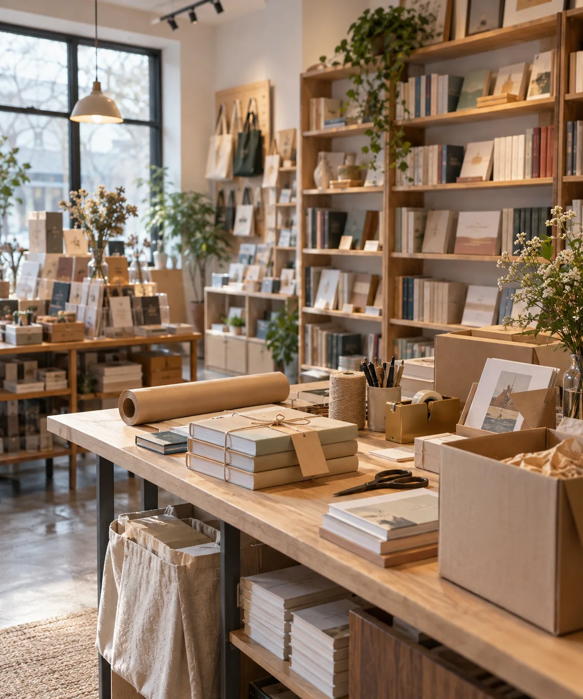 小型图书与文创门店的货架和包装区，书脊无可读文字，表现经营条件准备