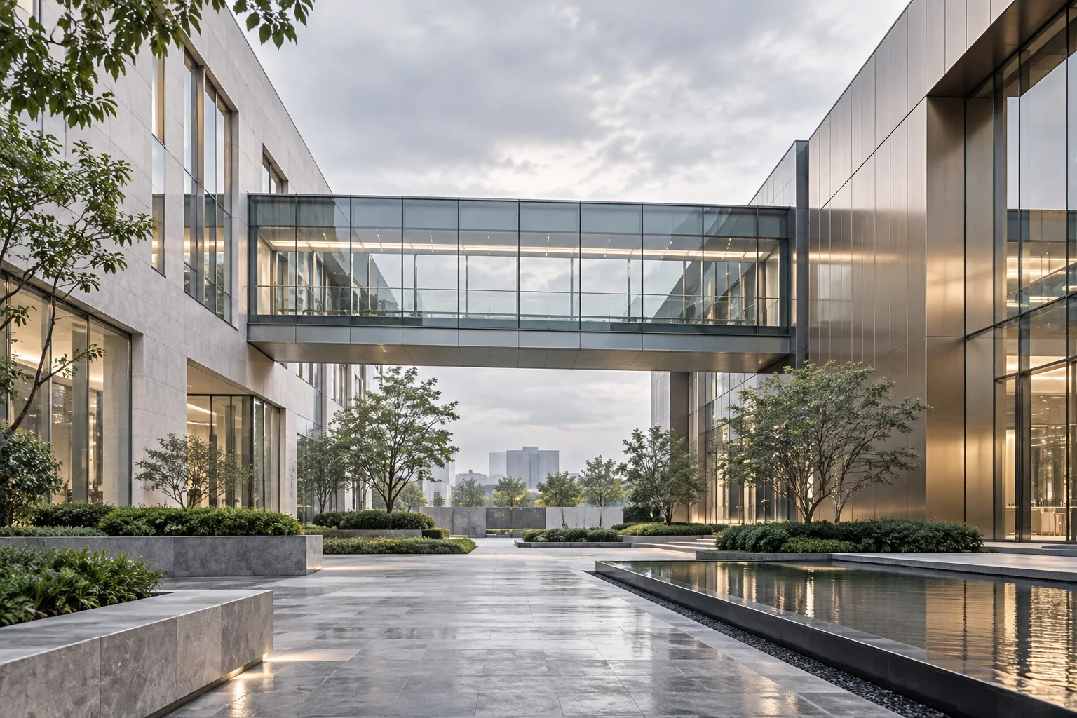 两翼不同材质的建筑通过通透廊桥相连，体量真实克制，以空间关系表达调整与协同