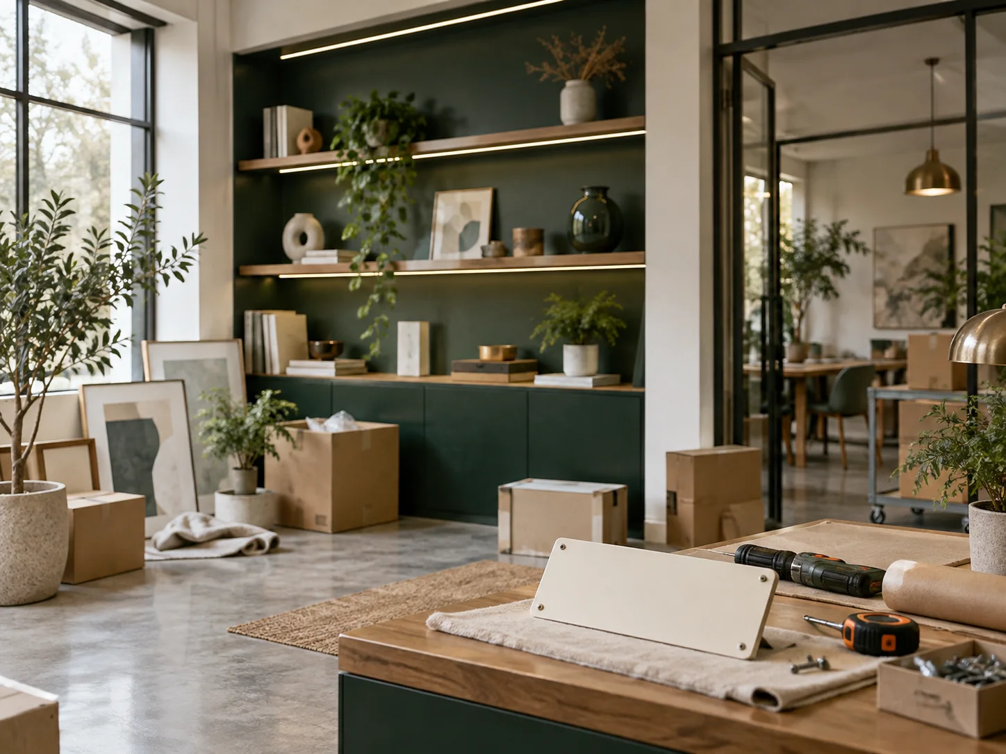 新工作室的样品展示墙刚布置好，未安装的空白门牌与工具放在前景，表达搬迁更新