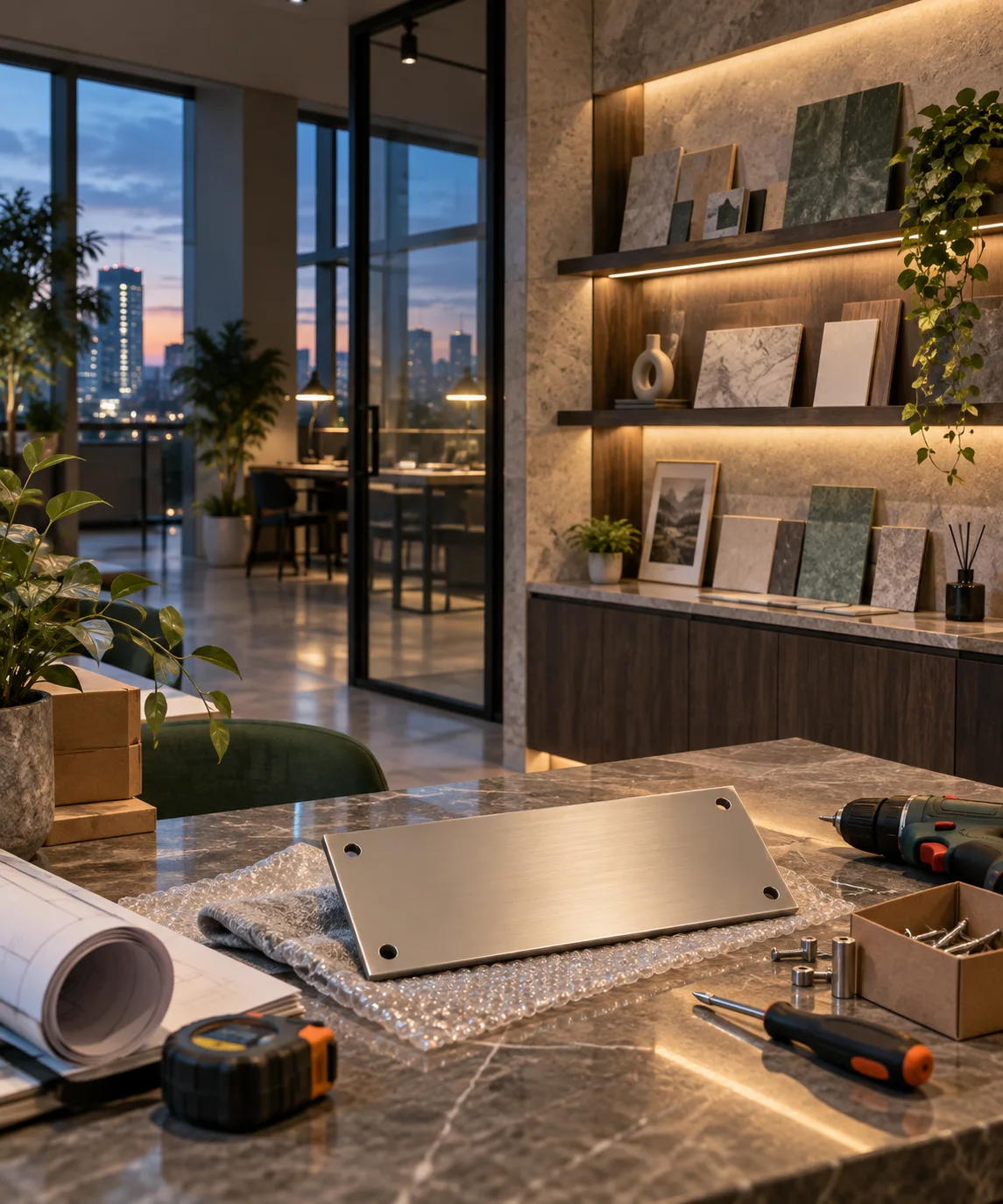 新工作室的样品展示墙刚布置好，未安装的空白门牌与工具放在前景，表达搬迁更新