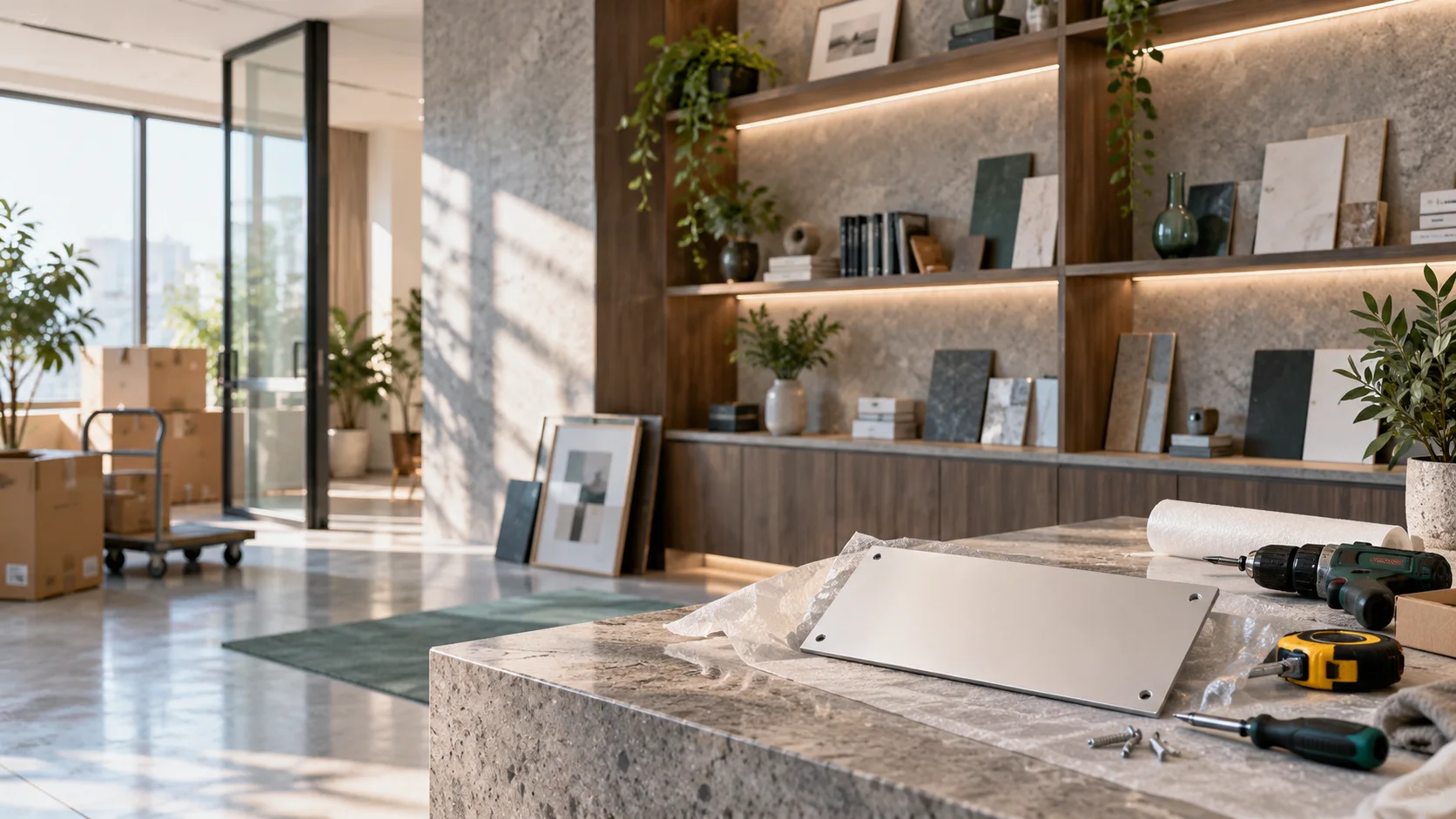 新工作室的样品展示墙刚布置好,未安装的空白门牌与工具放在前景,表达搬迁更新
