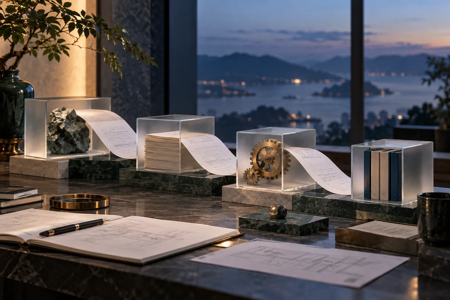 不同质地的实体样品被磨砂玻璃框架分别承接，纸张连接各模块，表达不同事项分别准备