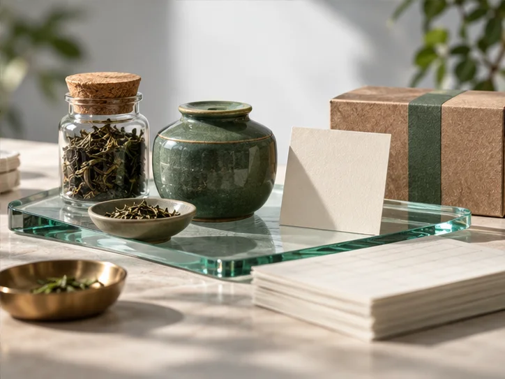 几件小型产品样品与对应无字记录卡，薄玻璃托盘连接两者，表现账务跟随生意