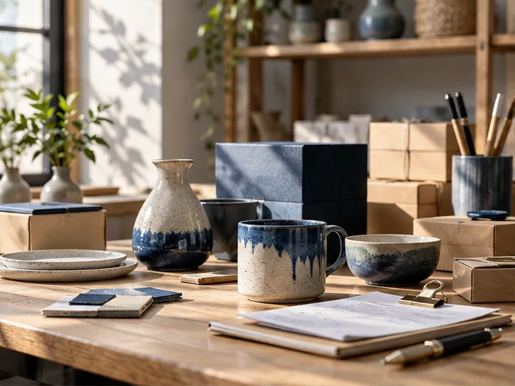 产品设计工作室的陶瓷和包装样品,旁边只有少量业务记录,账务支持产品经营的关系明确