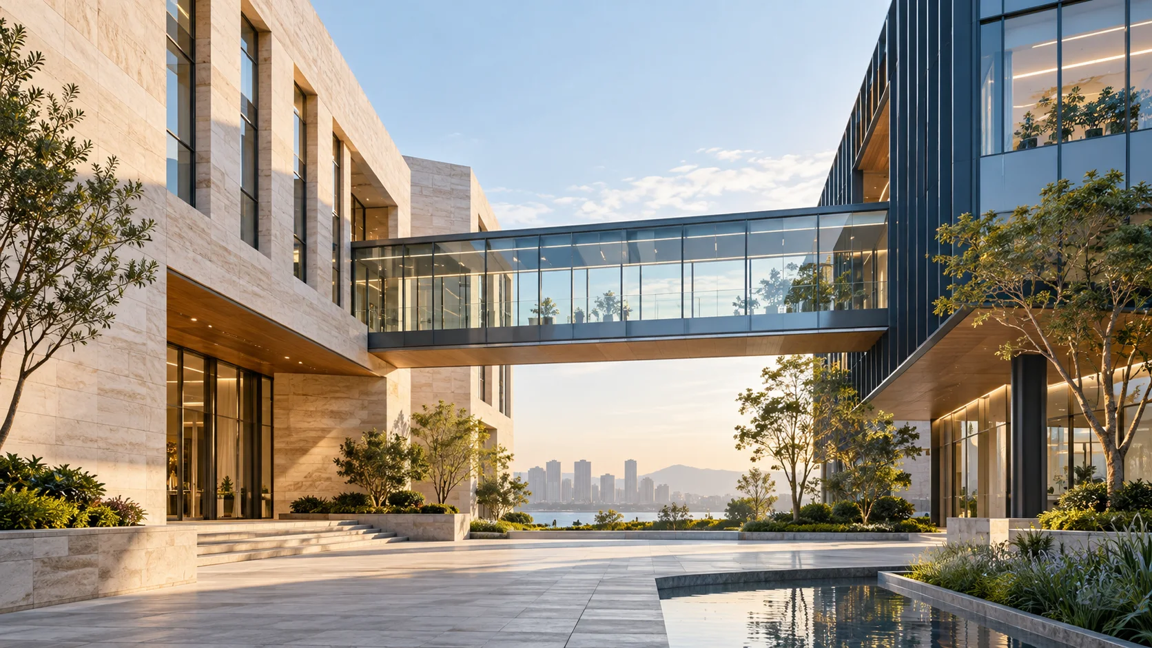 两翼不同材质的建筑通过通透廊桥相连,体量真实克制,以空间关系表达调整与协同