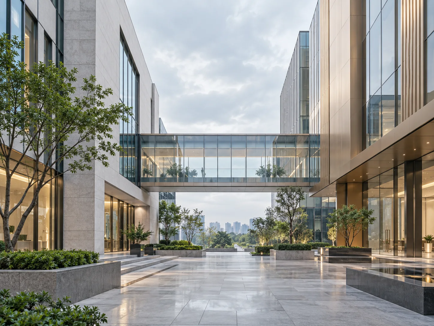两翼不同材质的建筑通过通透廊桥相连,体量真实克制,以空间关系表达调整与协同