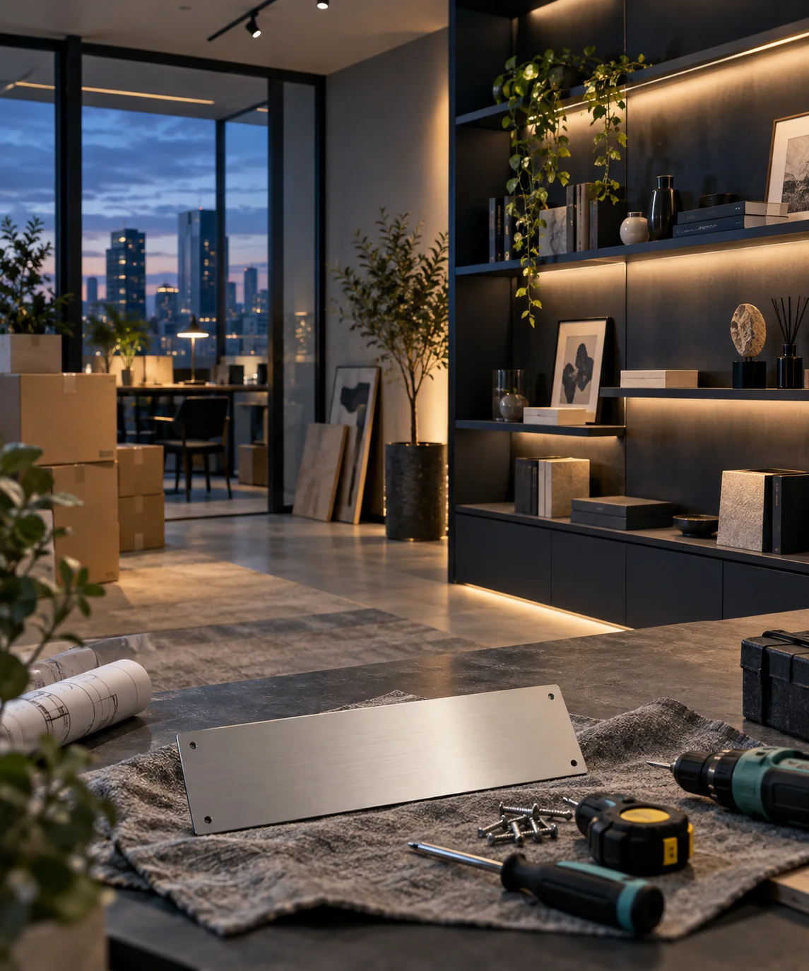 新工作室的样品展示墙刚布置好，未安装的空白门牌与工具放在前景，表达搬迁更新