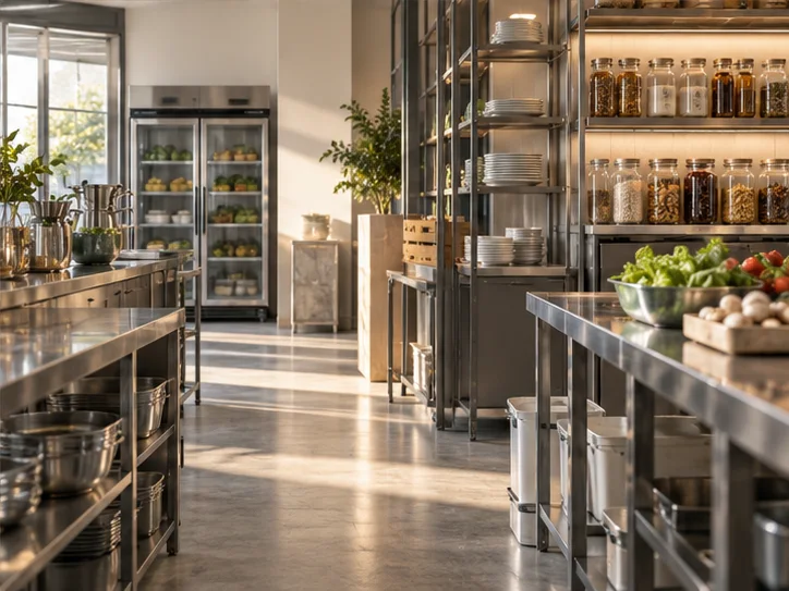 经营场所准备好的工作区与储物区，以器物陈设和有序动线表现开业准备
