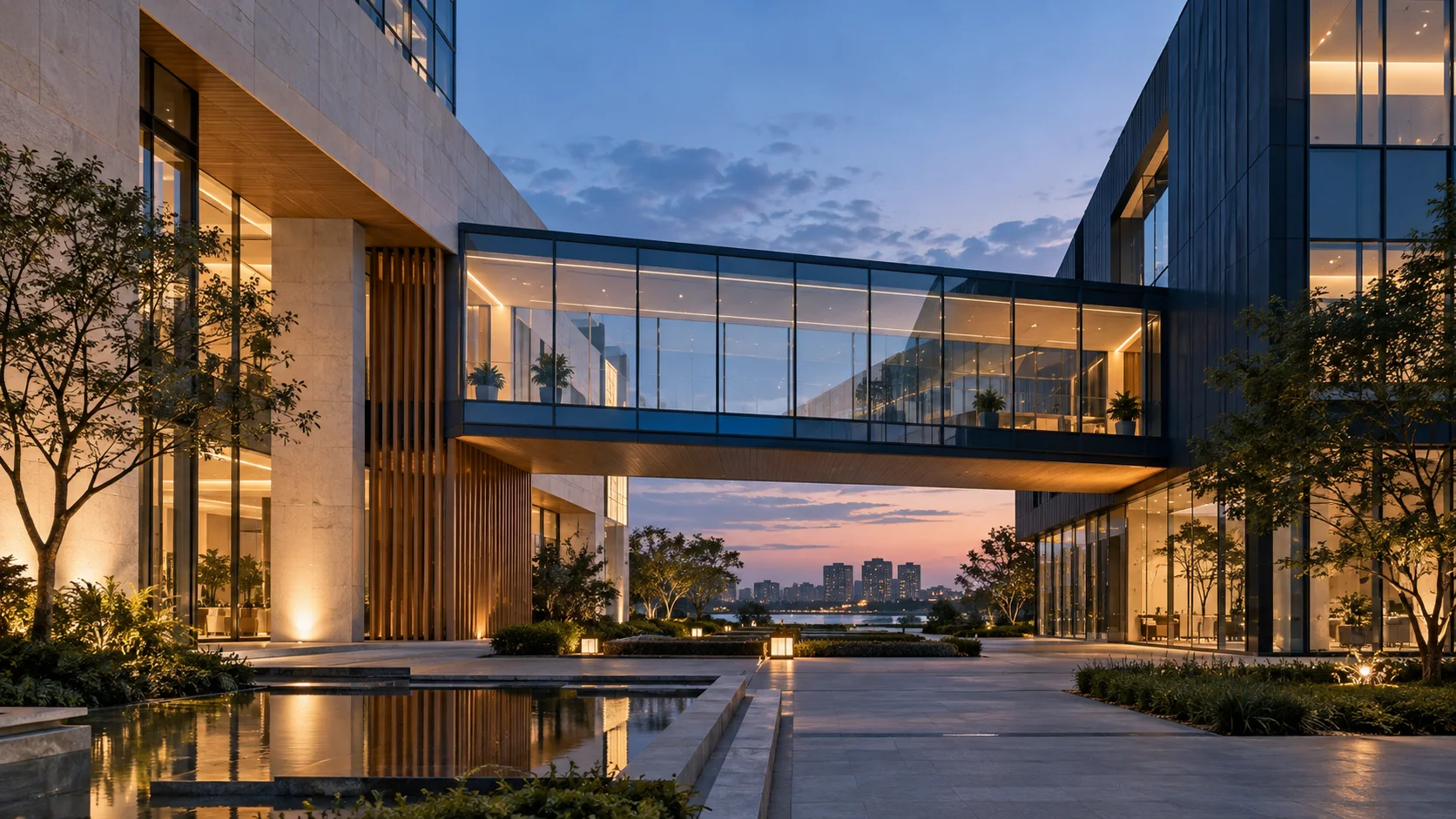 两翼不同材质的建筑通过通透廊桥相连，体量真实克制，以空间关系表达调整与协同