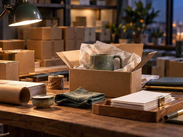 电商样品间里的单件商品、包装纸和待归集订单，选物克制而不拍仓库流水账