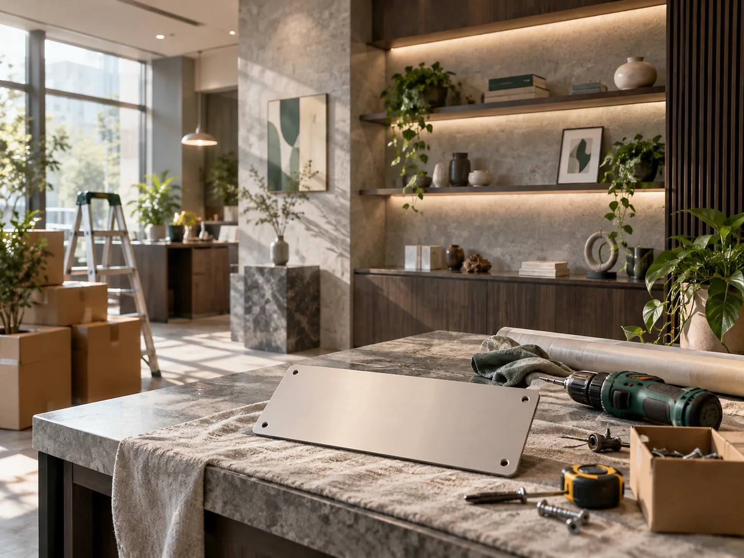 新工作室的样品展示墙刚布置好，未安装的空白门牌与工具放在前景，表达搬迁更新