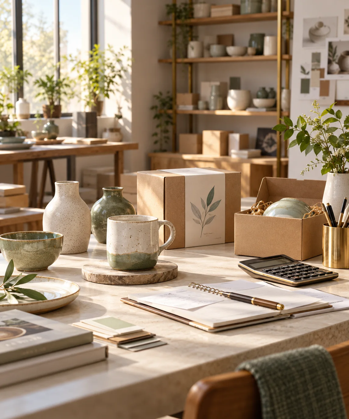 产品设计工作室的陶瓷和包装样品,旁边只有少量业务记录,账务支持产品经营的关系明确
