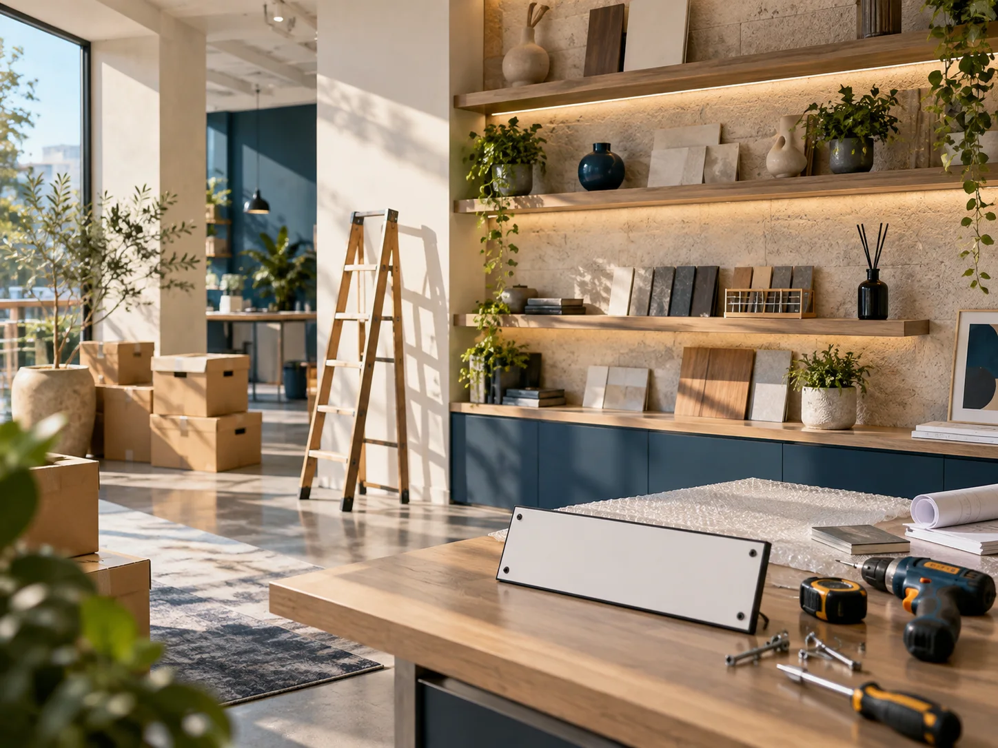 新工作室的样品展示墙刚布置好，未安装的空白门牌与工具放在前景，表达搬迁更新