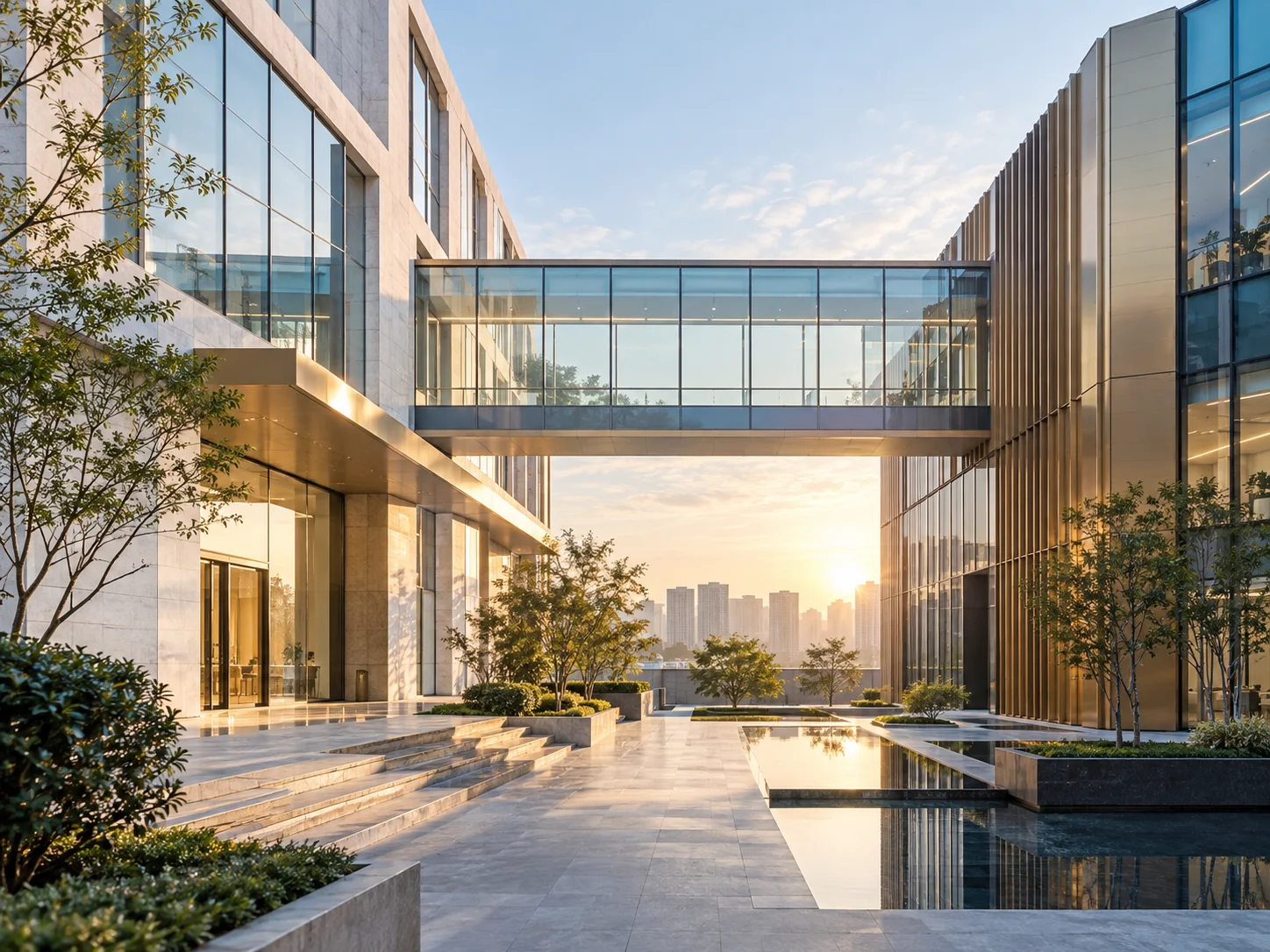 两翼不同材质的建筑通过通透廊桥相连,体量真实克制,以空间关系表达调整与协同