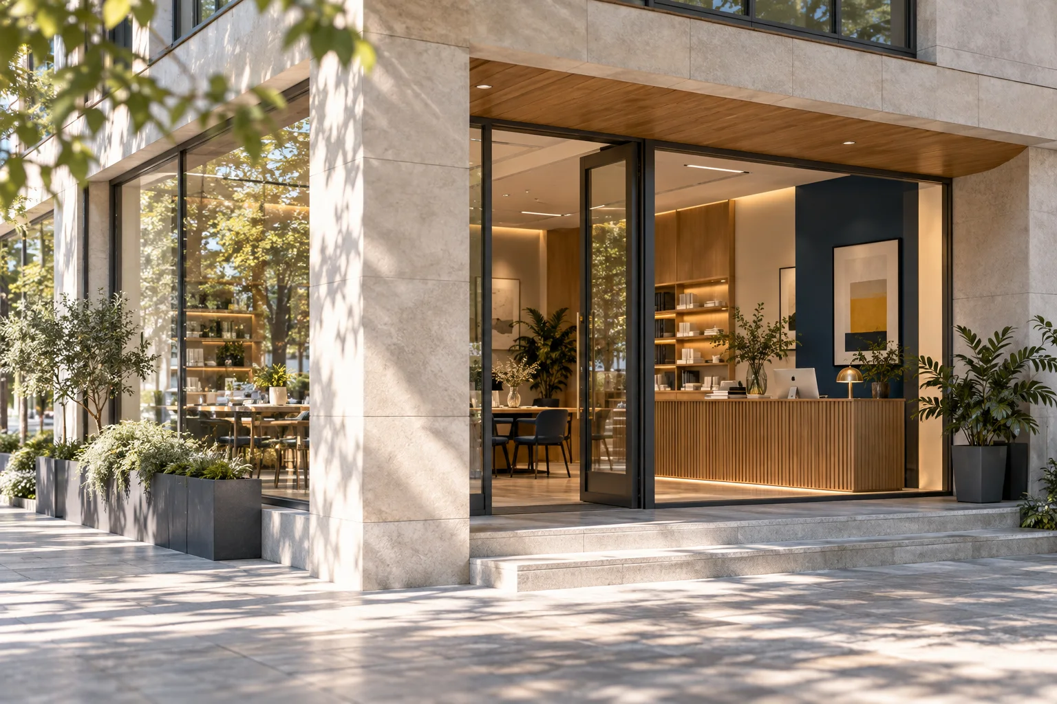 通透的现代街角独立店铺,石材门廊框住温暖的陈列空间,经营日常已从容展开
