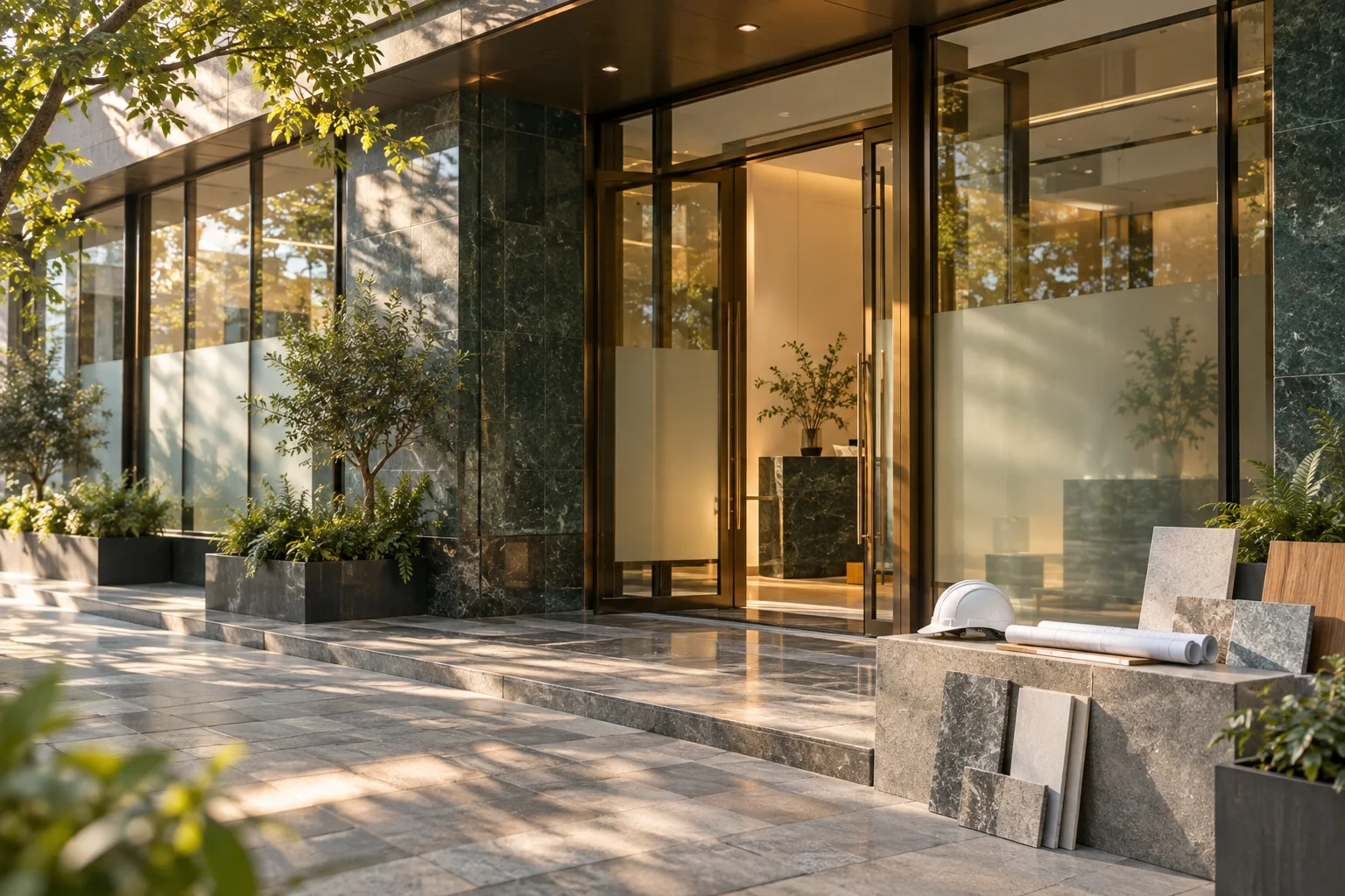 有石材门庭与磨砂玻璃的沿街商业空间,前景可见待布置的展示样品
