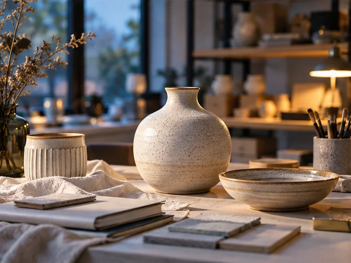 产品设计工作室的陶瓷和包装样品，旁边只有少量业务记录，账务支持产品经营的关系明确