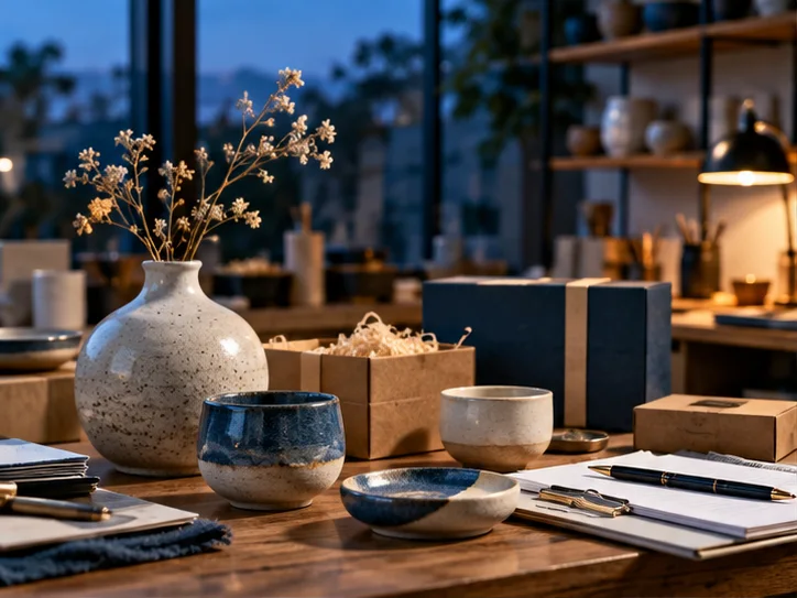 产品设计工作室的陶瓷和包装样品,旁边只有少量业务记录,账务支持产品经营的关系明确