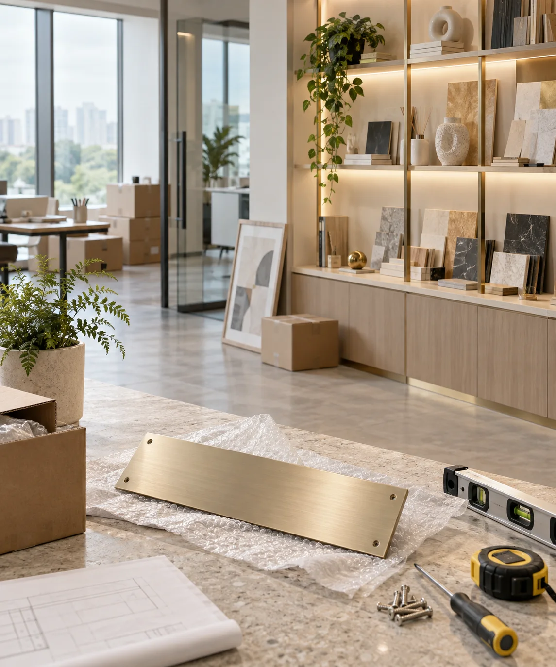 新工作室的样品展示墙刚布置好，未安装的空白门牌与工具放在前景，表达搬迁更新