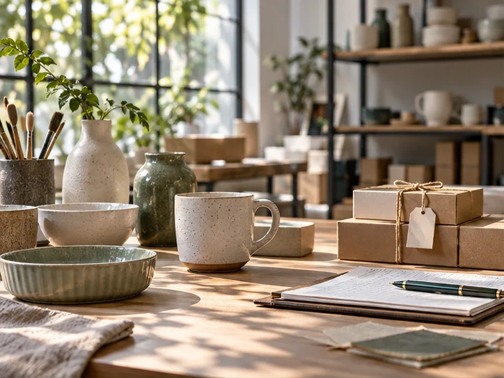 产品设计工作室的陶瓷和包装样品，旁边只有少量业务记录，账务支持产品经营的关系明确