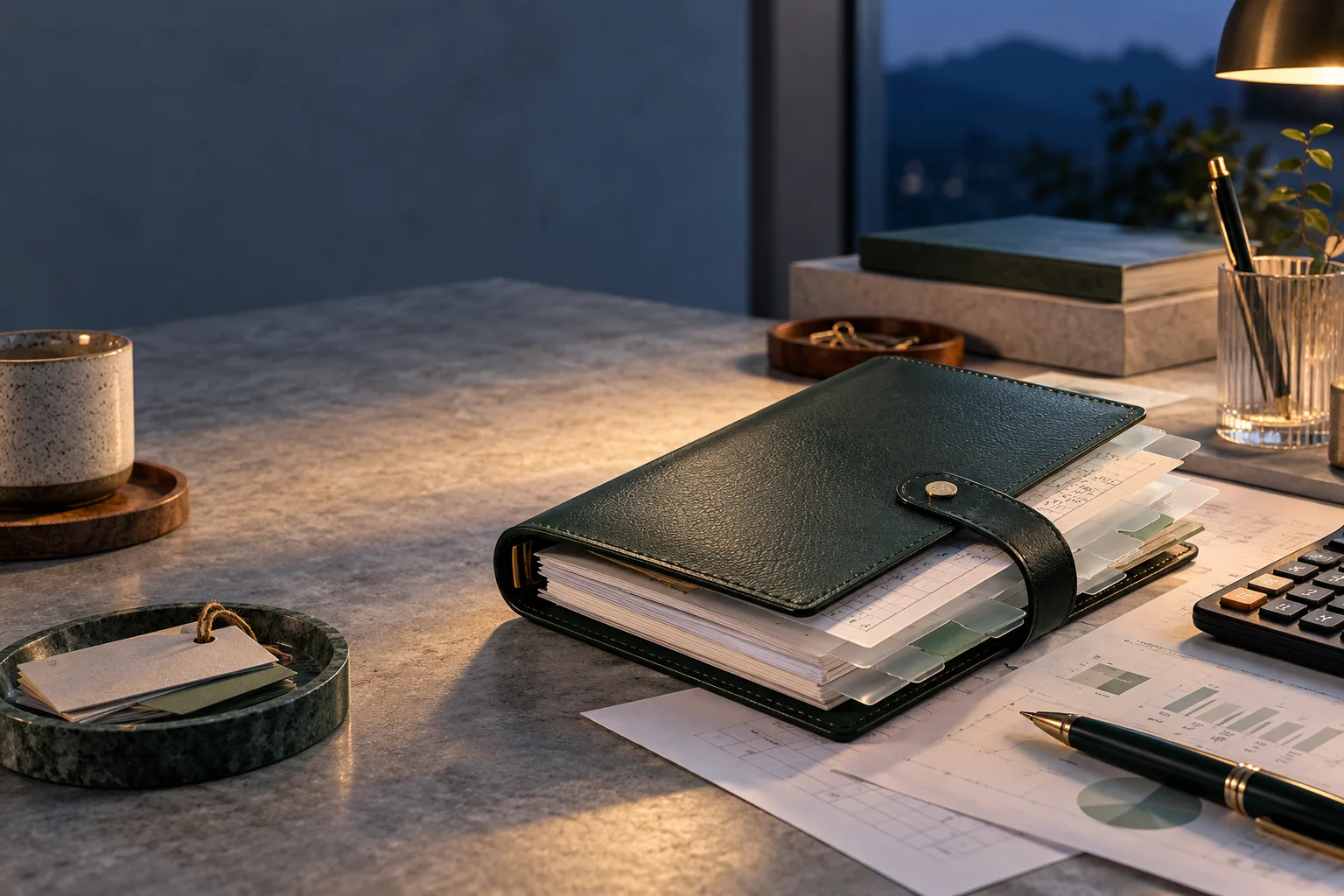 皮革册页、半透明凭证隔页和少量实物产品标签，表现业务记录与核算之间的联系