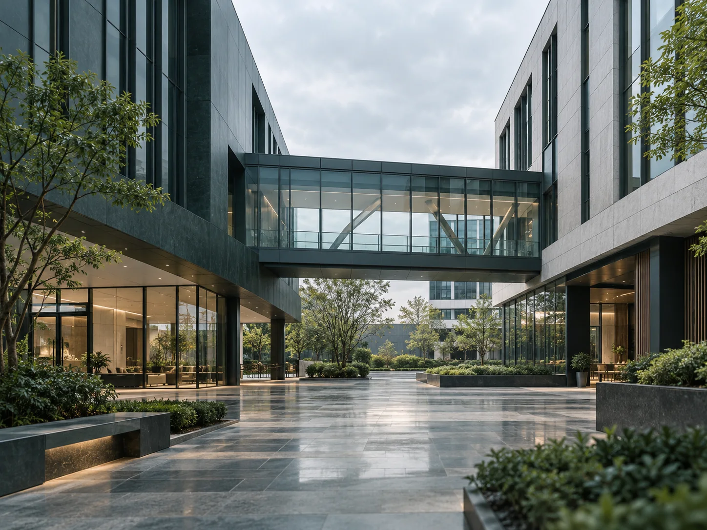 两翼不同材质的建筑通过通透廊桥相连,体量真实克制,以空间关系表达调整与协同