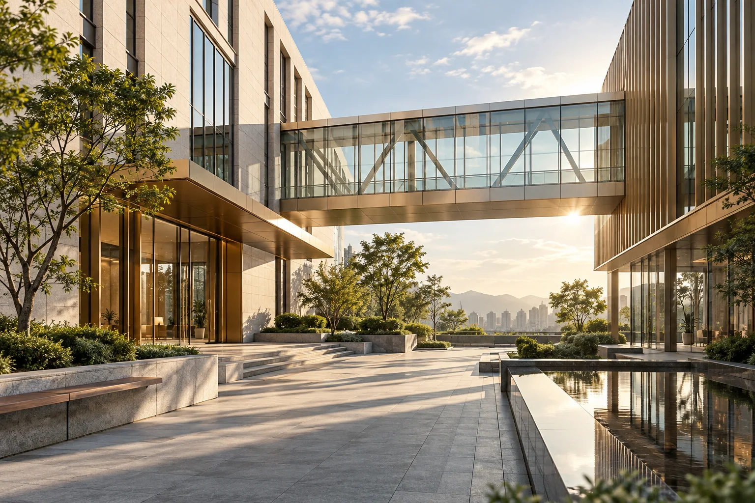 两翼不同材质的建筑通过通透廊桥相连，体量真实克制，以空间关系表达调整与协同